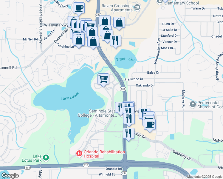 map of restaurants, bars, coffee shops, grocery stores, and more near 824 Amber Way in Altamonte Springs