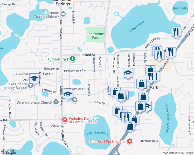 map of restaurants, bars, coffee shops, grocery stores, and more near 903 Crestwood Lane in Altamonte Springs