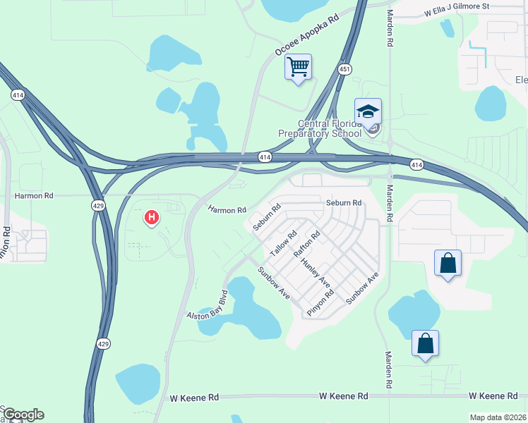 map of restaurants, bars, coffee shops, grocery stores, and more near 1366 Vasey Road in Apopka