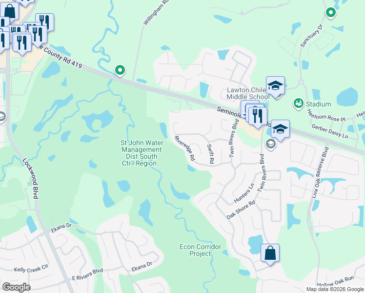 map of restaurants, bars, coffee shops, grocery stores, and more near 1676 Riveredge Road in Oviedo