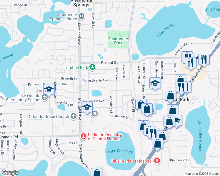 map of restaurants, bars, coffee shops, grocery stores, and more near 851 Crestwood Lane in Altamonte Springs