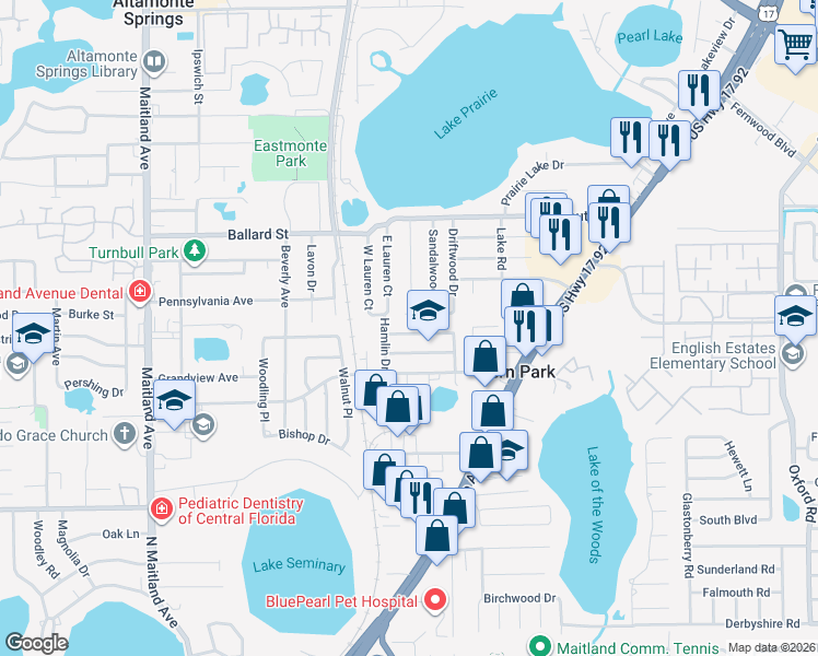 map of restaurants, bars, coffee shops, grocery stores, and more near 230 Temple Avenue in Casselberry