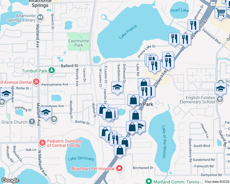 map of restaurants, bars, coffee shops, grocery stores, and more near 230 Temple Avenue in Casselberry
