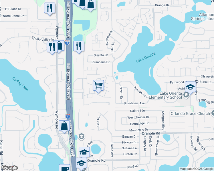 map of restaurants, bars, coffee shops, grocery stores, and more near 611 Fenton Place in Altamonte Springs