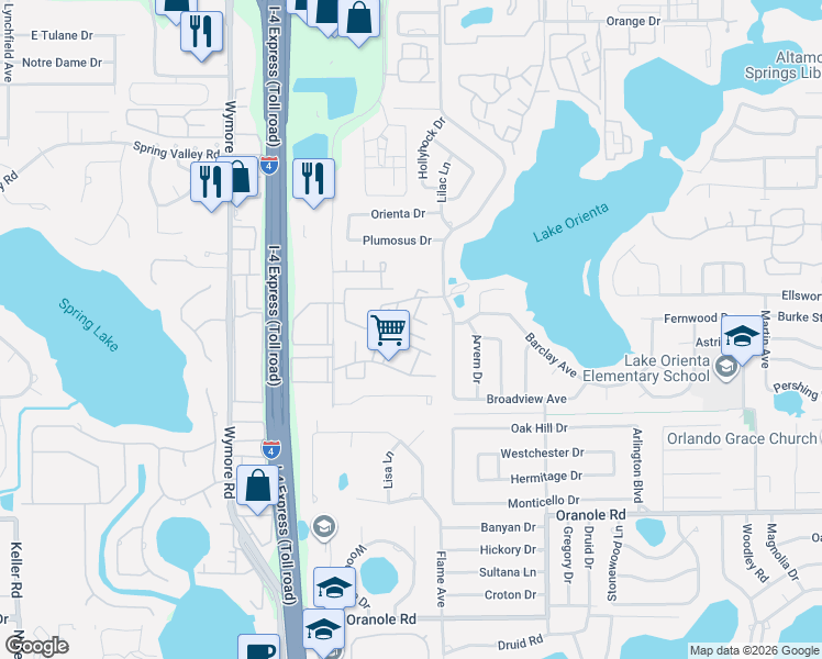 map of restaurants, bars, coffee shops, grocery stores, and more near 648 Crimson Court in Altamonte Springs