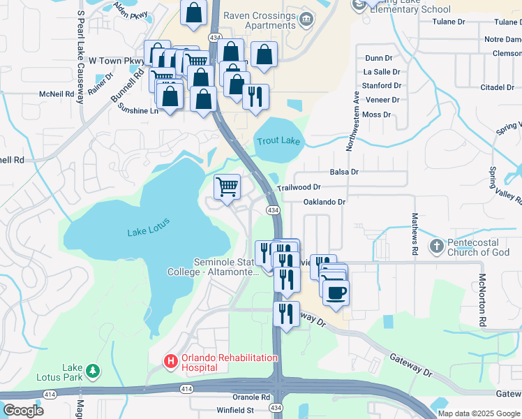 map of restaurants, bars, coffee shops, grocery stores, and more near 824 Amber Way in Altamonte Springs