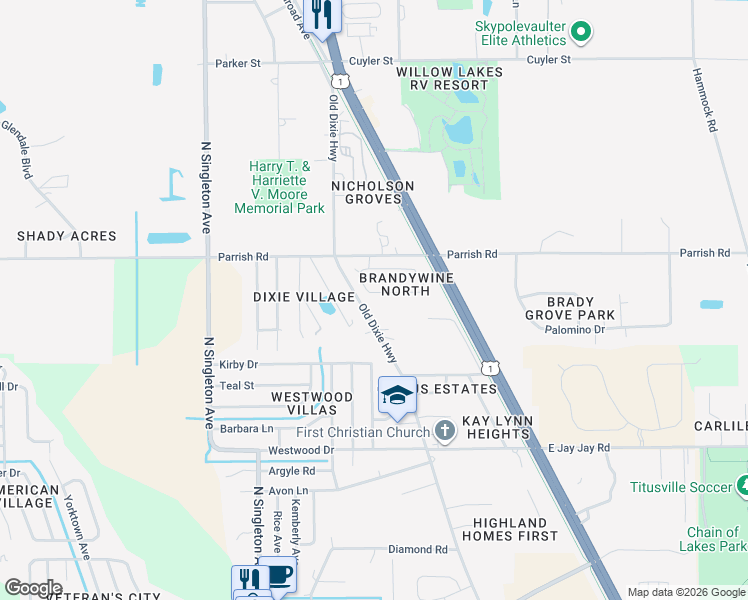 map of restaurants, bars, coffee shops, grocery stores, and more near 1935 Old Dixie Highway in Titusville