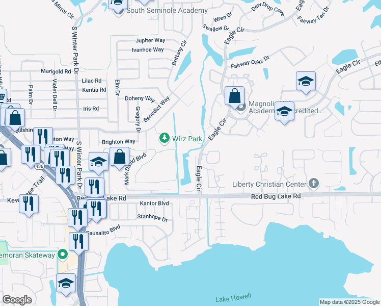 map of restaurants, bars, coffee shops, grocery stores, and more near 868 North Lake Sterling Court in Casselberry