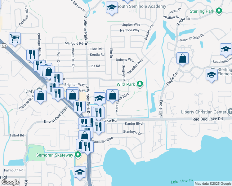 map of restaurants, bars, coffee shops, grocery stores, and more near 135 Mark David Boulevard in Casselberry