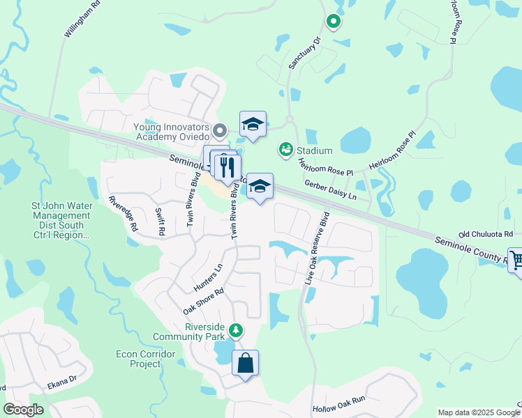 map of restaurants, bars, coffee shops, grocery stores, and more near 1500 Twin Rivers Boulevard in Oviedo