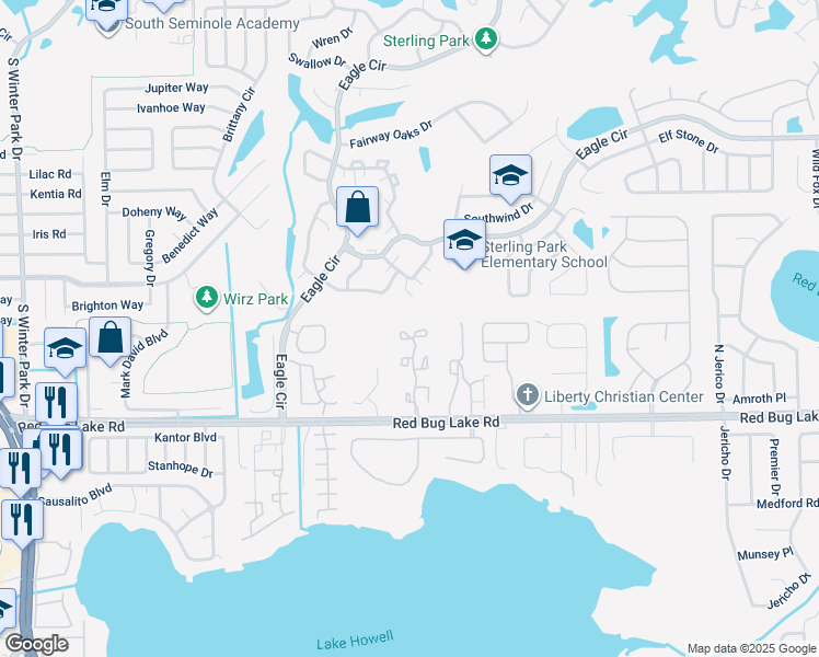 map of restaurants, bars, coffee shops, grocery stores, and more near 2848 Revere Court in Casselberry