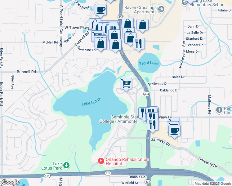 map of restaurants, bars, coffee shops, grocery stores, and more near 598 Coral Glen Loop in Altamonte Springs
