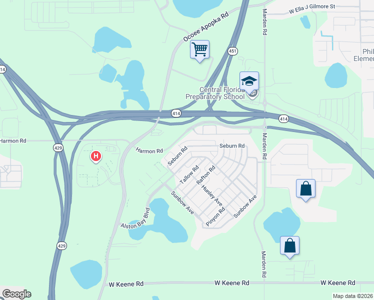 map of restaurants, bars, coffee shops, grocery stores, and more near 1308 Seburn Road in Apopka
