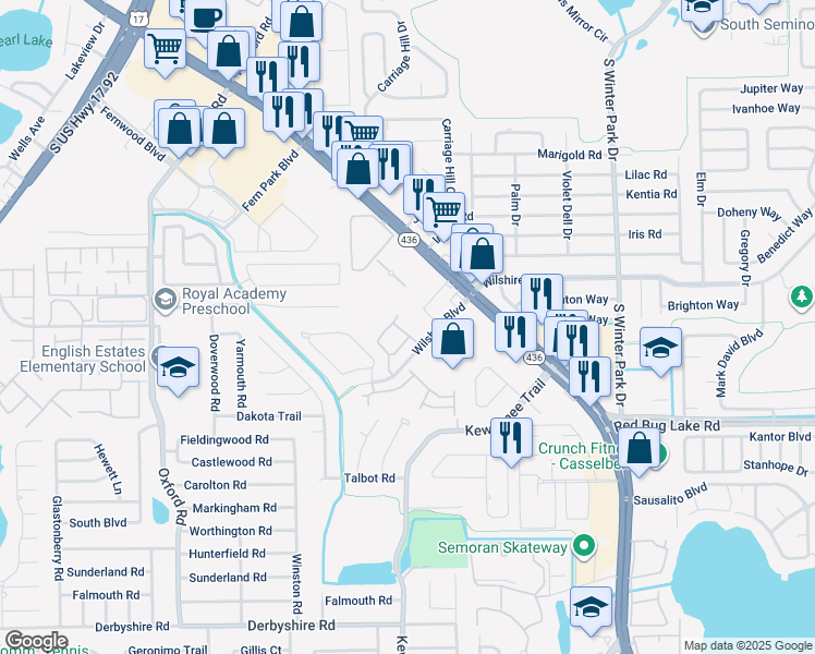 map of restaurants, bars, coffee shops, grocery stores, and more near 649 Fellowship Drive in Fern Park