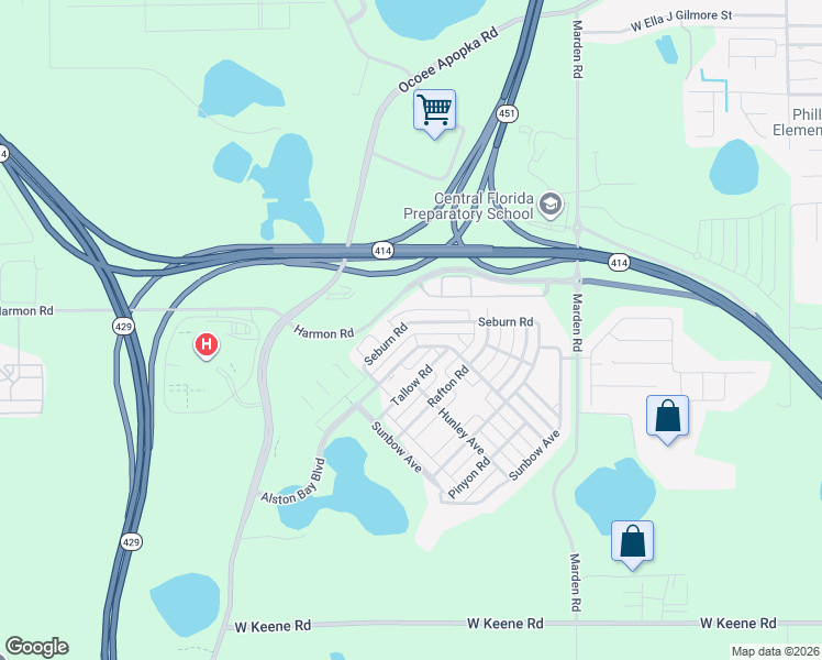map of restaurants, bars, coffee shops, grocery stores, and more near 1324 Seburn Road in Apopka