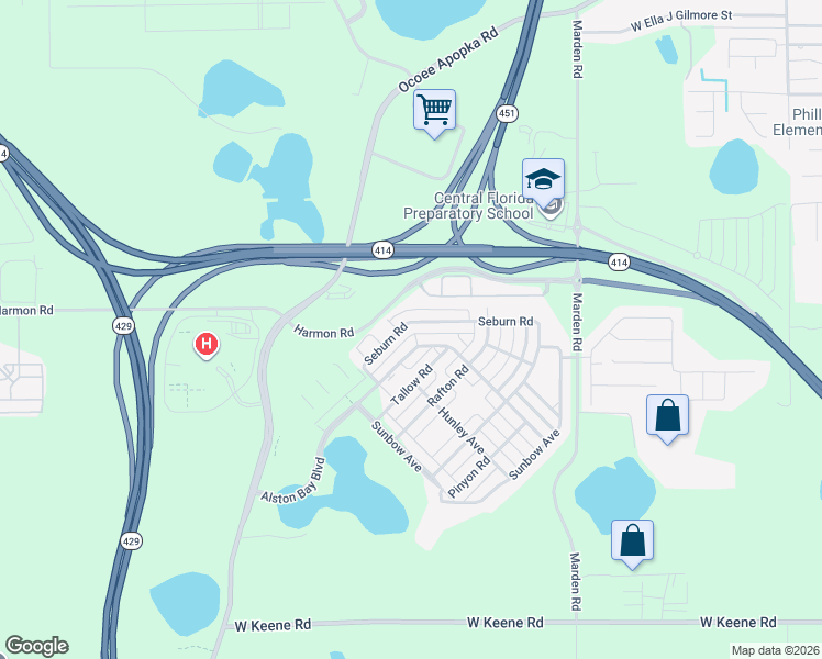 map of restaurants, bars, coffee shops, grocery stores, and more near 1324 Seburn Road in Apopka