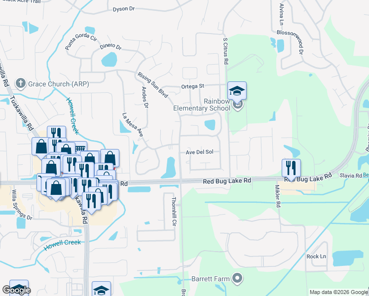 map of restaurants, bars, coffee shops, grocery stores, and more near 1392 Madrid Way in Winter Springs