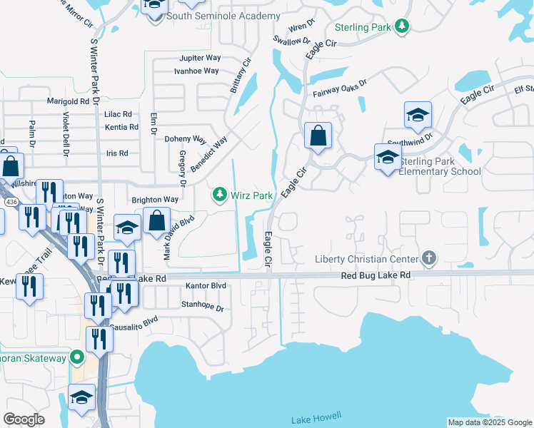 map of restaurants, bars, coffee shops, grocery stores, and more near 852 North Lake Sterling Court in Casselberry