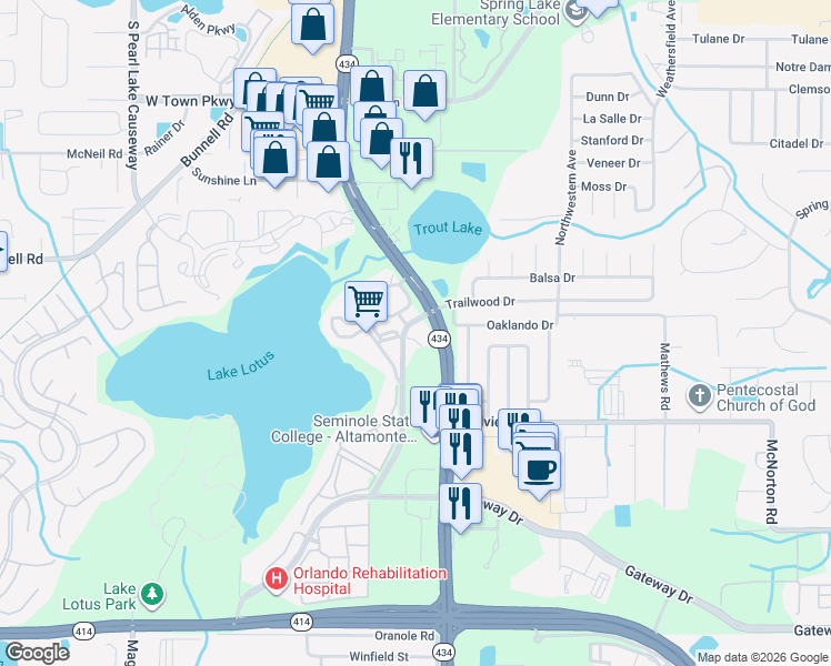 map of restaurants, bars, coffee shops, grocery stores, and more near 595 Lotus Landing Boulevard in Altamonte Springs