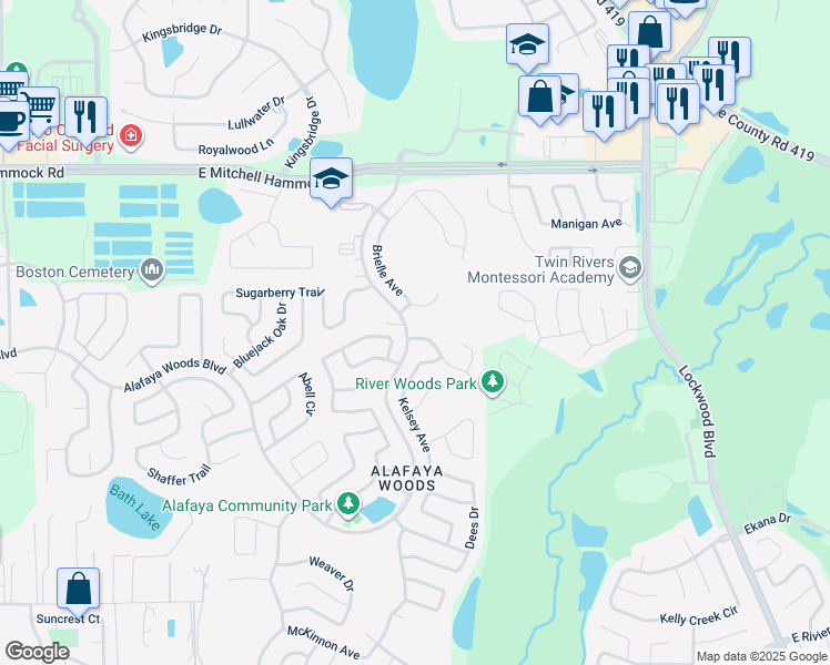 map of restaurants, bars, coffee shops, grocery stores, and more near 1000 McCully Court in Oviedo