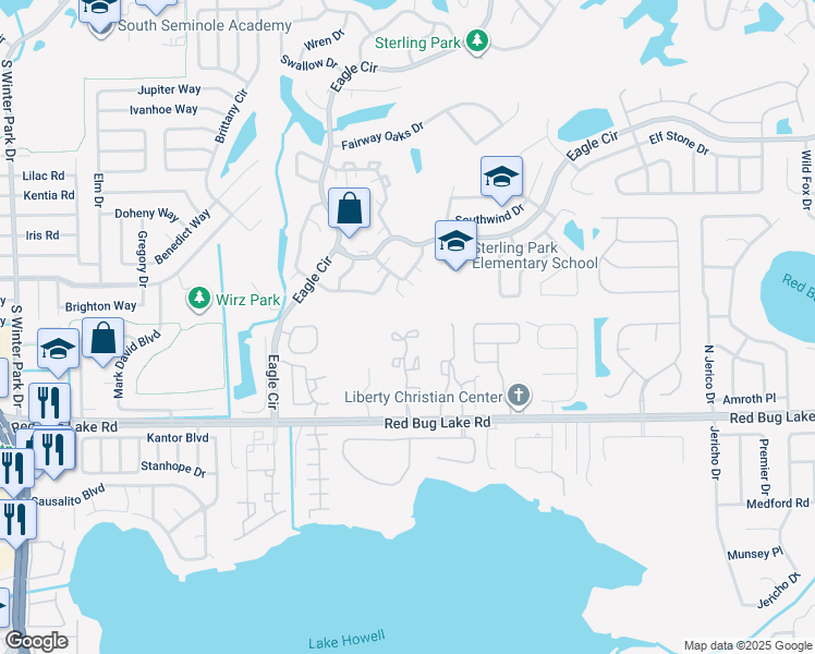 map of restaurants, bars, coffee shops, grocery stores, and more near 2860 Wareham Court in Casselberry