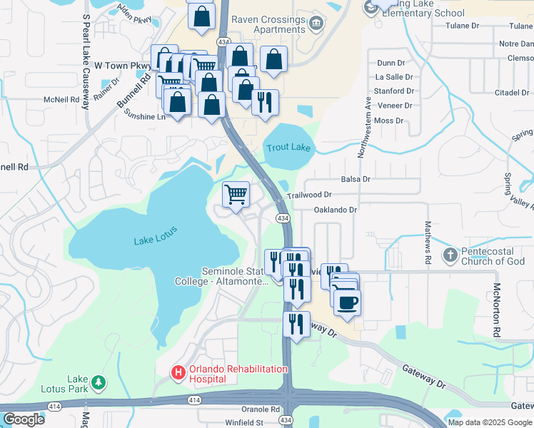 map of restaurants, bars, coffee shops, grocery stores, and more near 824 Amber Way in Altamonte Springs