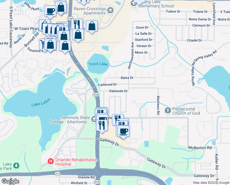 map of restaurants, bars, coffee shops, grocery stores, and more near 730 Fiesta Lane in Altamonte Springs