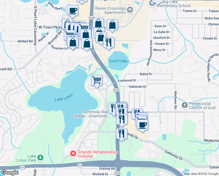 map of restaurants, bars, coffee shops, grocery stores, and more near 824 Amber Way in Altamonte Springs