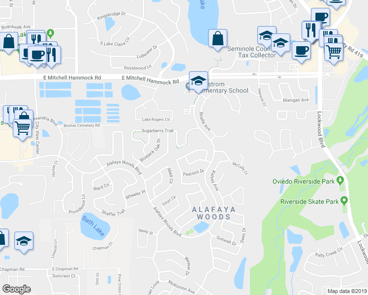 map of restaurants, bars, coffee shops, grocery stores, and more near 1100 Sugarberry Trail in Oviedo