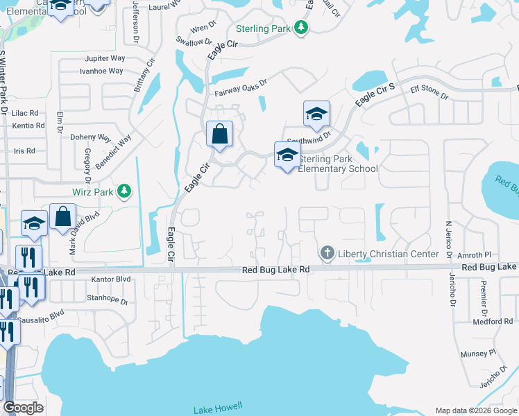 map of restaurants, bars, coffee shops, grocery stores, and more near 2872 Wareham Court in Casselberry