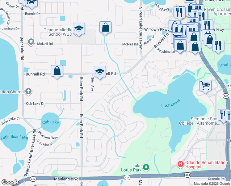 map of restaurants, bars, coffee shops, grocery stores, and more near 657 Oak Hollow Way in Altamonte Springs