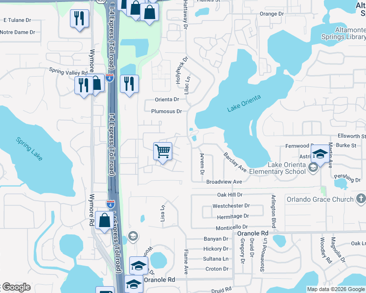 map of restaurants, bars, coffee shops, grocery stores, and more near 241 Country Walk Place in Altamonte Springs