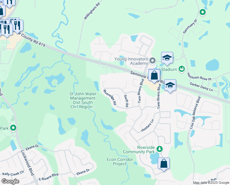 map of restaurants, bars, coffee shops, grocery stores, and more near 1455 Canal Cross Court in Oviedo