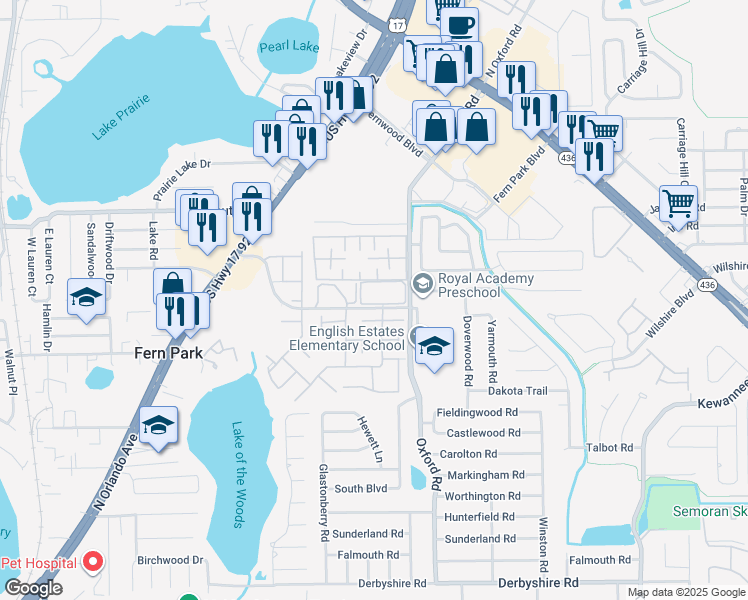 map of restaurants, bars, coffee shops, grocery stores, and more near 1000 Lake of the Woods Boulevard in Fern Park