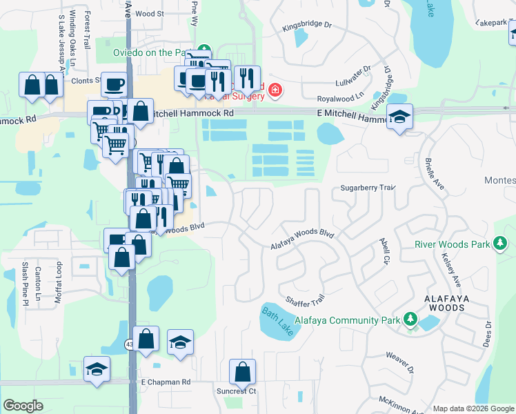 map of restaurants, bars, coffee shops, grocery stores, and more near 513 Alafaya Woods Boulevard in Oviedo