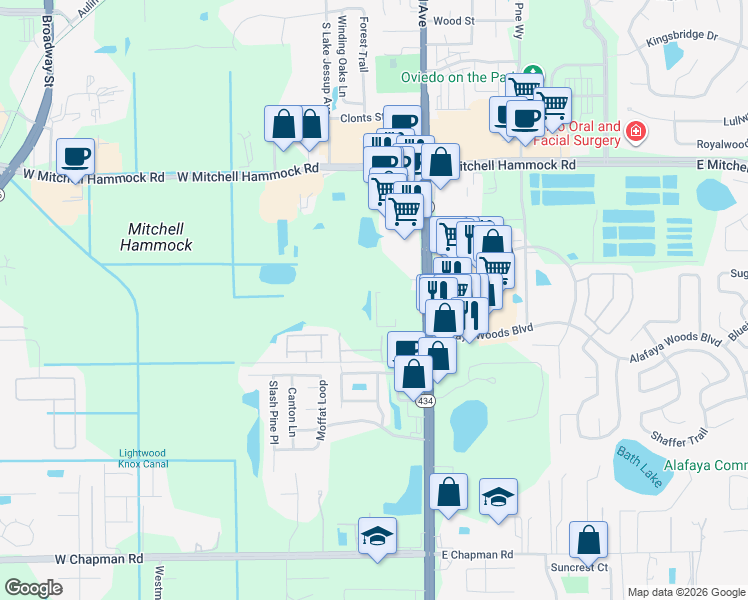 map of restaurants, bars, coffee shops, grocery stores, and more near 1400 Alafaya Trail in Oviedo