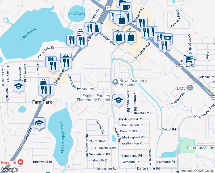 map of restaurants, bars, coffee shops, grocery stores, and more near 1000 Lake of the Woods Boulevard in Fern Park