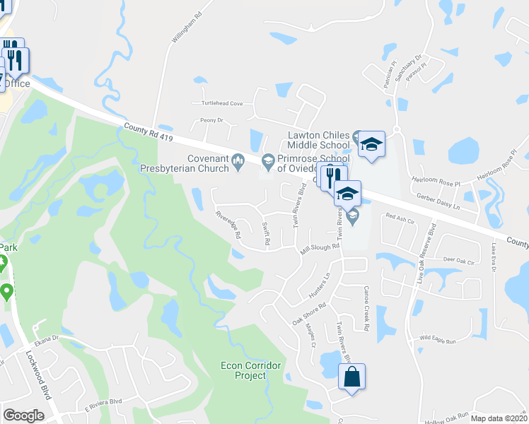 map of restaurants, bars, coffee shops, grocery stores, and more near 1620 Riveredge Road in Oviedo