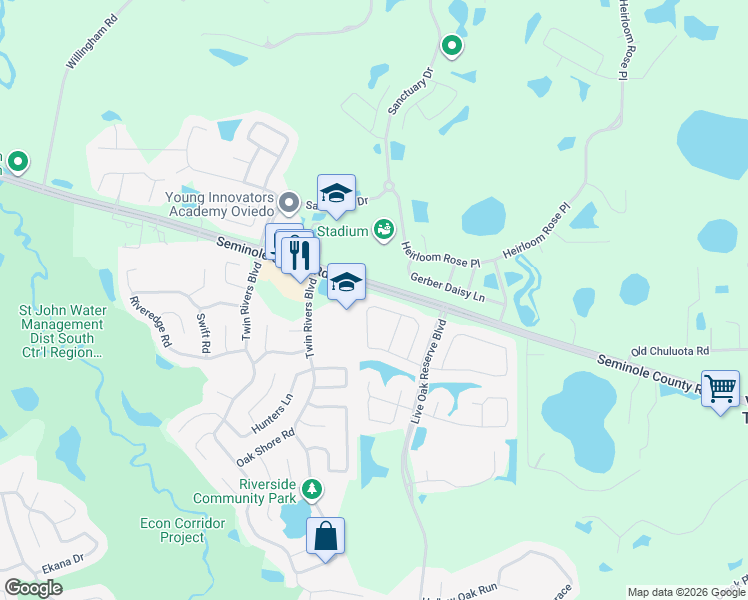 map of restaurants, bars, coffee shops, grocery stores, and more near 3330 Red Ash Circle in Oviedo