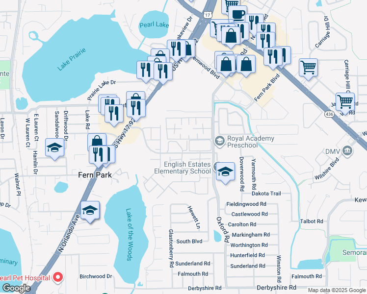 map of restaurants, bars, coffee shops, grocery stores, and more near 162 Saint Johns Circle in Fern Park