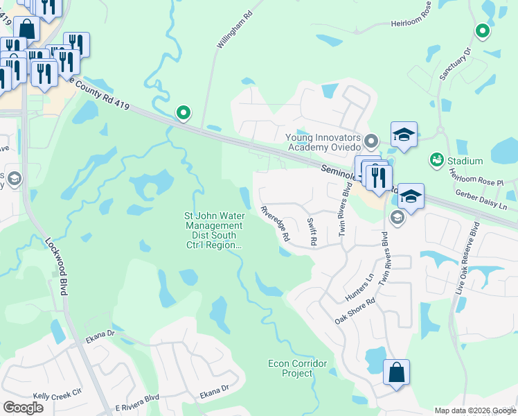 map of restaurants, bars, coffee shops, grocery stores, and more near 1925 Aquarius Court in Oviedo