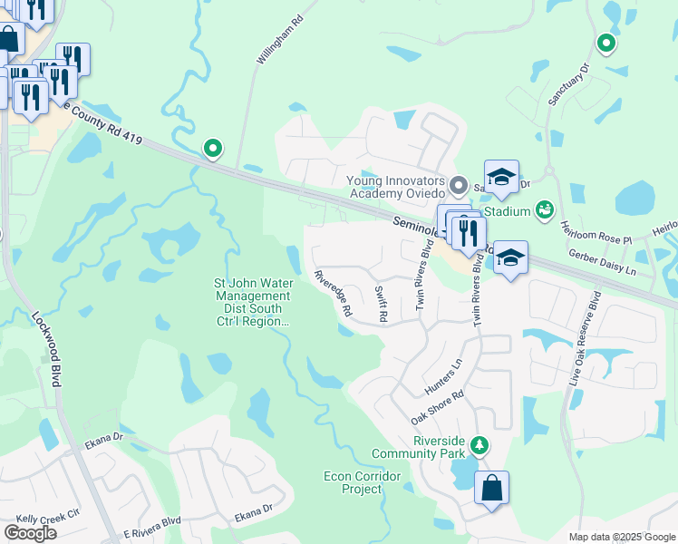 map of restaurants, bars, coffee shops, grocery stores, and more near 1641 Riveredge Road in Oviedo