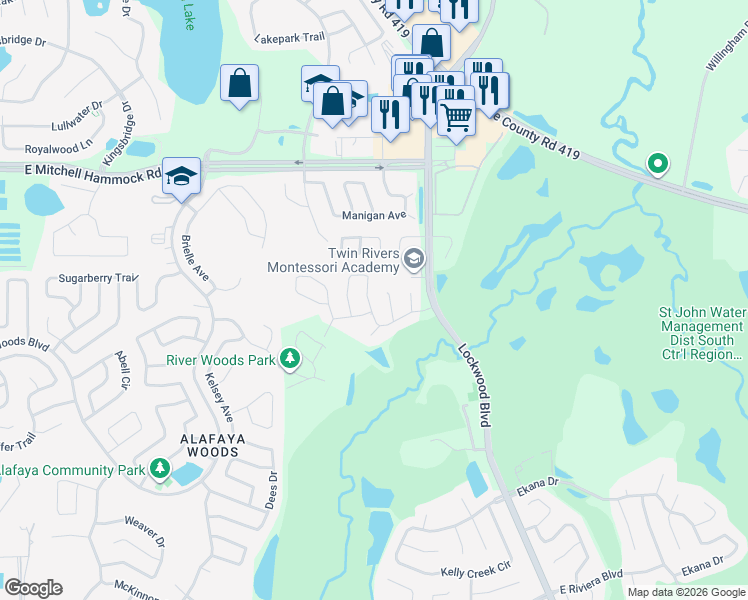 map of restaurants, bars, coffee shops, grocery stores, and more near 1022 Long Branch Lane in Oviedo