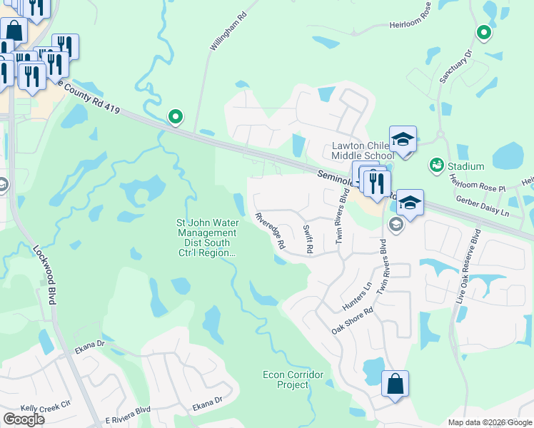 map of restaurants, bars, coffee shops, grocery stores, and more near 1644 Riveredge Road in Oviedo