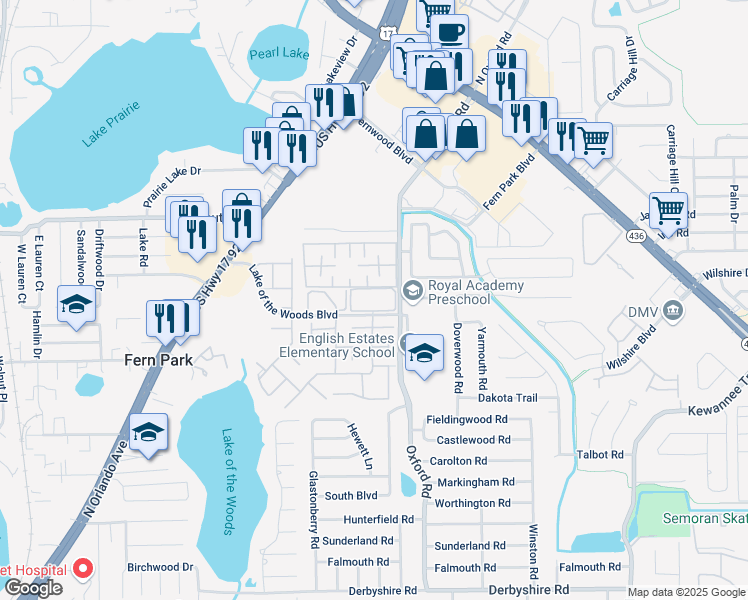 map of restaurants, bars, coffee shops, grocery stores, and more near 138 Saint Johns Circle in Fern Park