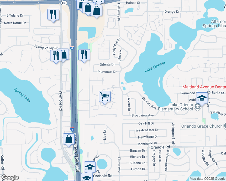 map of restaurants, bars, coffee shops, grocery stores, and more near 227 Sharon Drive in Altamonte Springs