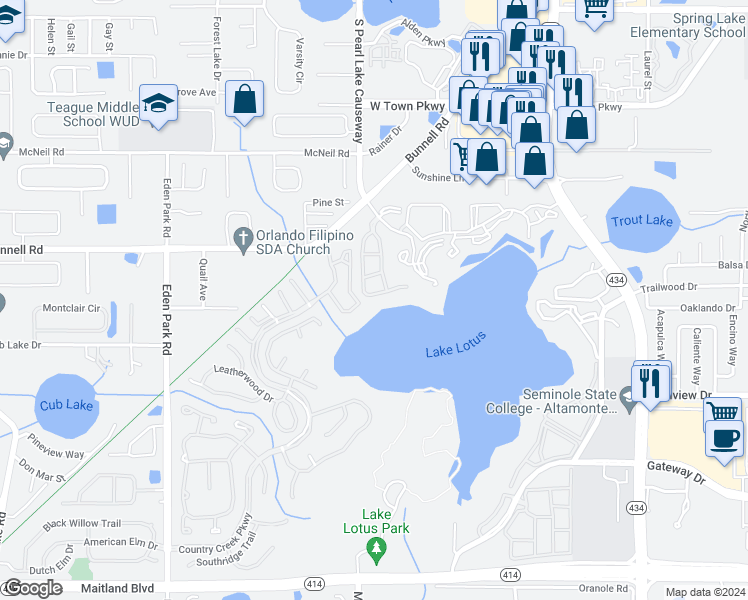 map of restaurants, bars, coffee shops, grocery stores, and more near 583 Brantley Terrace Way in Altamonte Springs