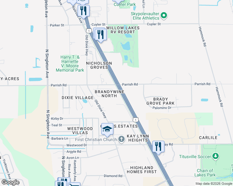 map of restaurants, bars, coffee shops, grocery stores, and more near 2922 Brandywine Circle in Titusville