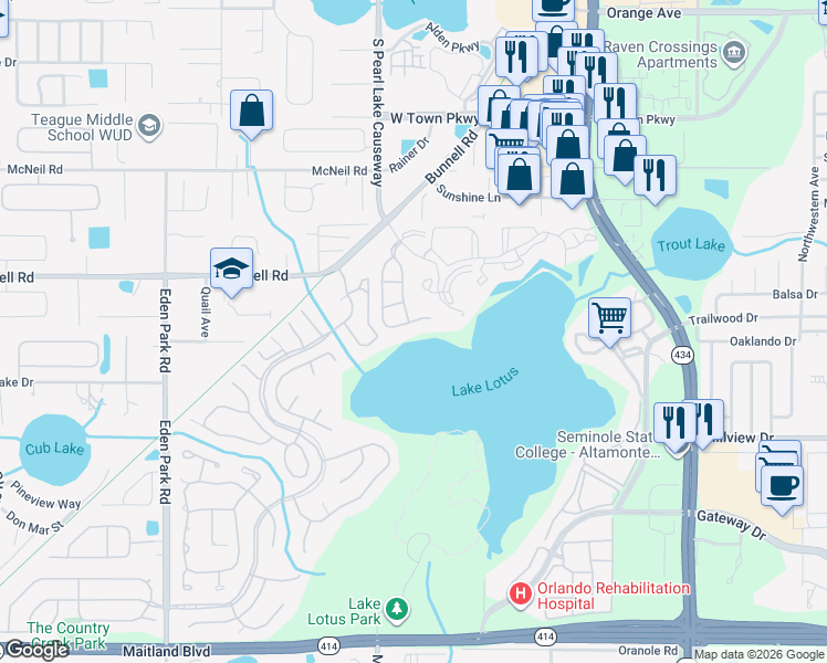 map of restaurants, bars, coffee shops, grocery stores, and more near 583 Brantley Terrace Way in Altamonte Springs