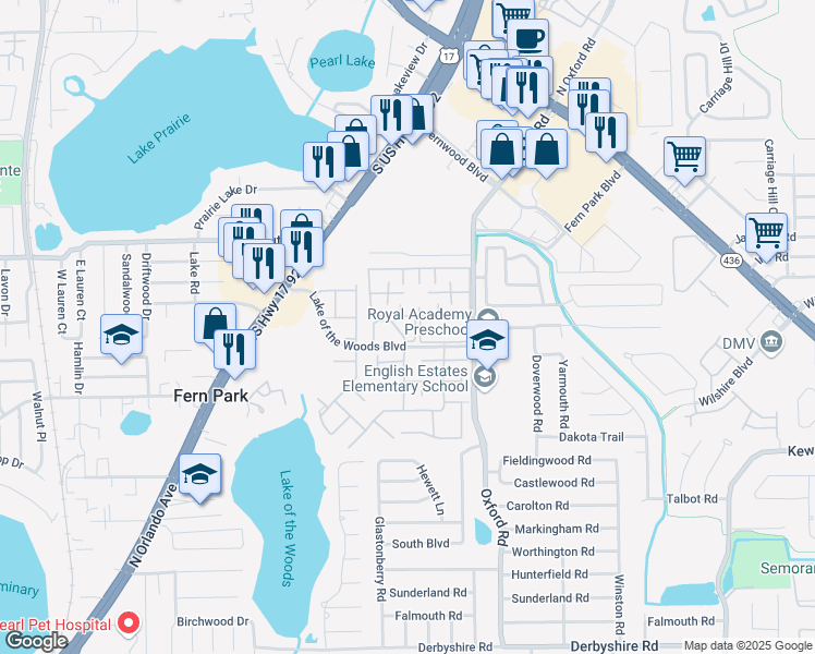 map of restaurants, bars, coffee shops, grocery stores, and more near 162 Saint Johns Circle in Fern Park
